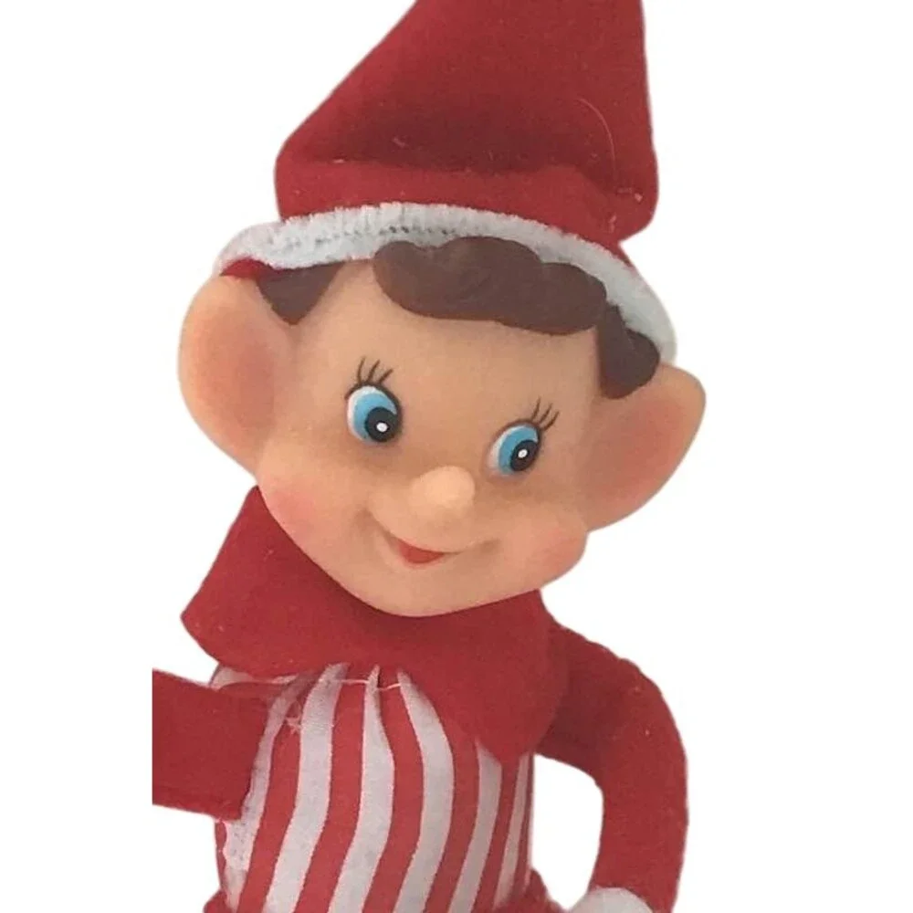 Vintage Christmas Elf Shelf Sitter Red Striped Checks White Plastic Face Stuffed